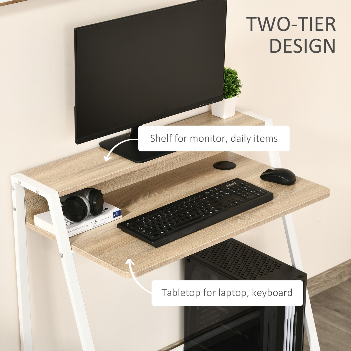 HOMCOM Two-Tier Computer Workstation Desk with Storage Shelf, Steel Frame – Home Office Study Table, White & Oak