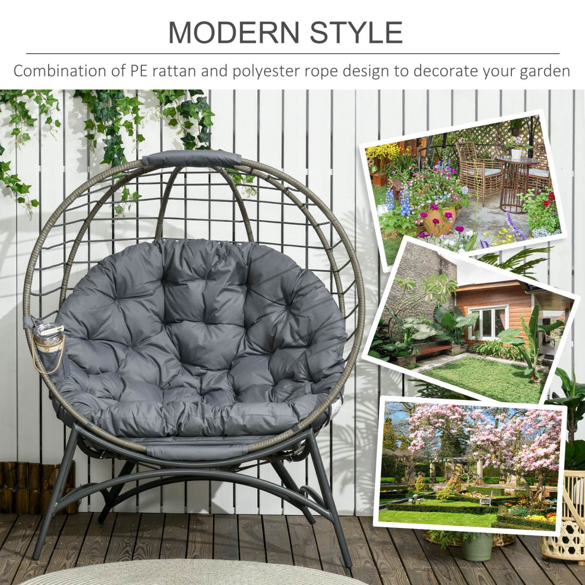 Outsunny Rattan Egg Chair with Cushion, Folding Wicker Basket & Bottle Holder Bag – Garden Patio Lounge Seat