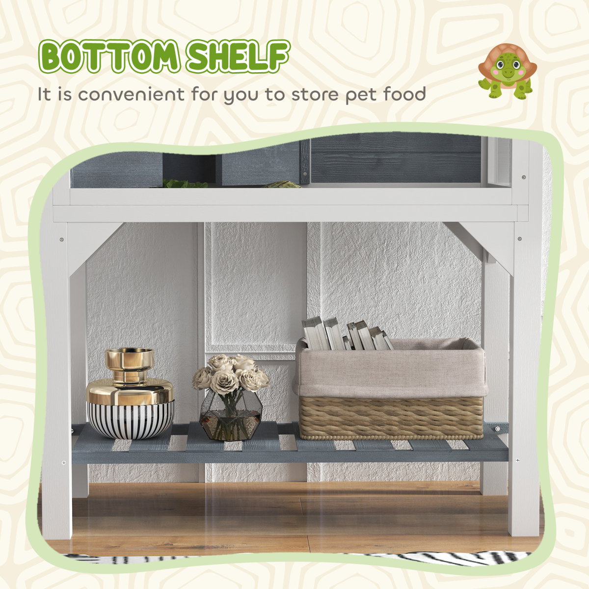 PawHut Wooden Tortoise House with Storage Shelf, Lamp Stand & Clear Observation Windows – White and Grey