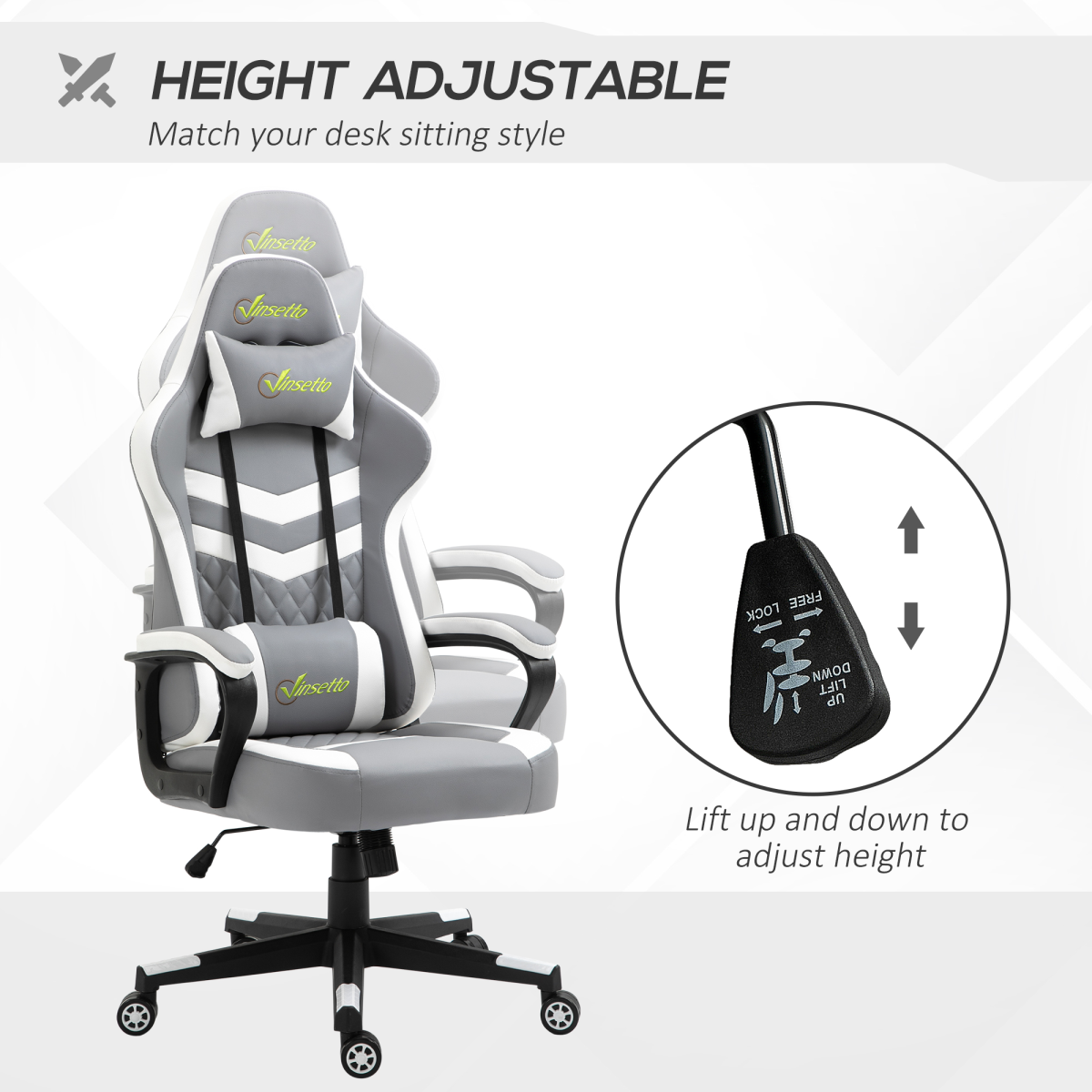 Racing Gaming Chair with Lumbar Cushion & Headrest Pillow, Height Adjustable – PVC Leather Study Chair, Grey & White