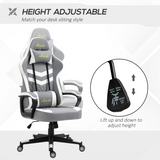 Racing Gaming Chair with Lumbar Cushion & Headrest Pillow, Height Adjustable – PVC Leather Study Chair, Grey & White