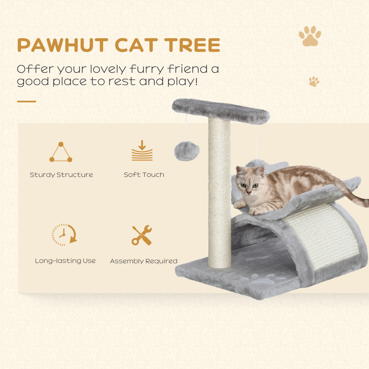 Pawhut Small Cat Tree with Rotatable Pole, Tunnel, Scratching Bridge and Dangling Balls – Plush Indoor Play Centre
