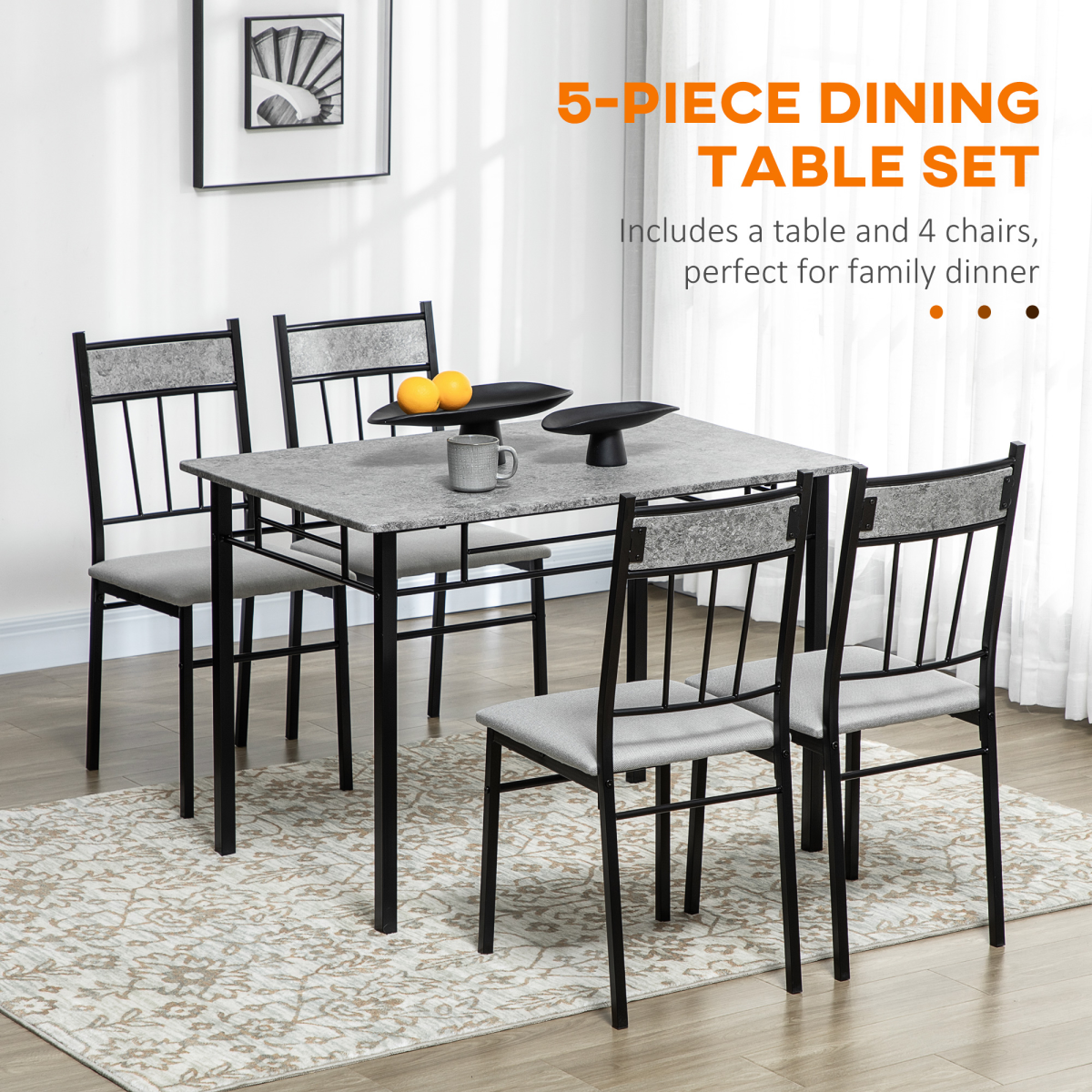 HOMCOM 5 Piece Dining Set with Marble-Effect Table & 4 Padded Chairs – Kitchen Table and Chairs, Light Grey & Black