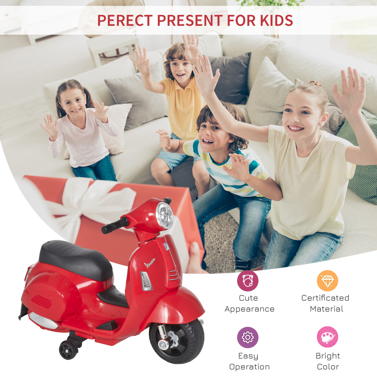 Vespa Licensed Kids Ride-On Motorcycle, 6V Battery Powered with Headlight & Stabilising Wheels – Ages 18-36 Months
