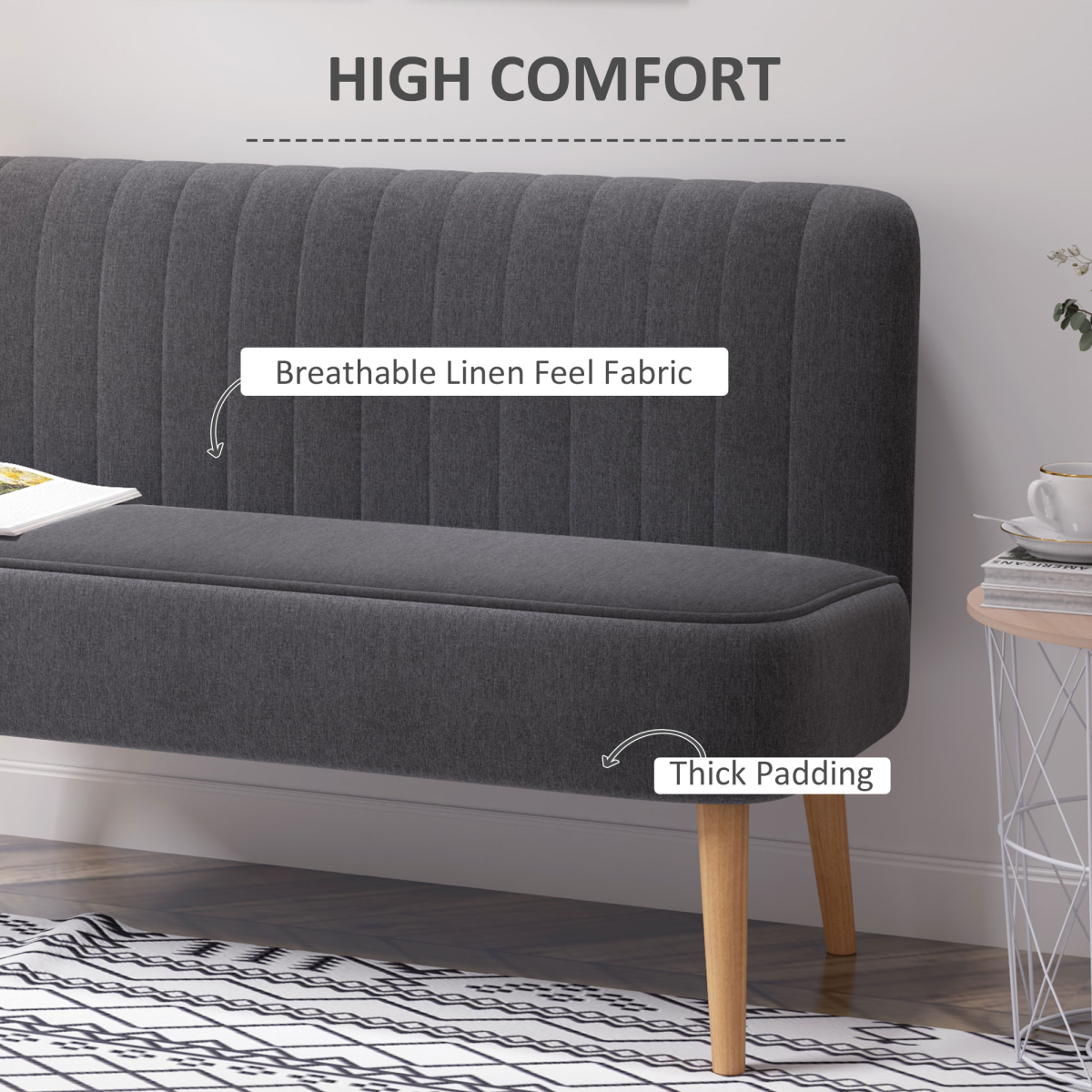 HOMCOM Modern 2-Seater Linen-Look Loveseat Sofa with Solid Wood Legs – Dark Grey