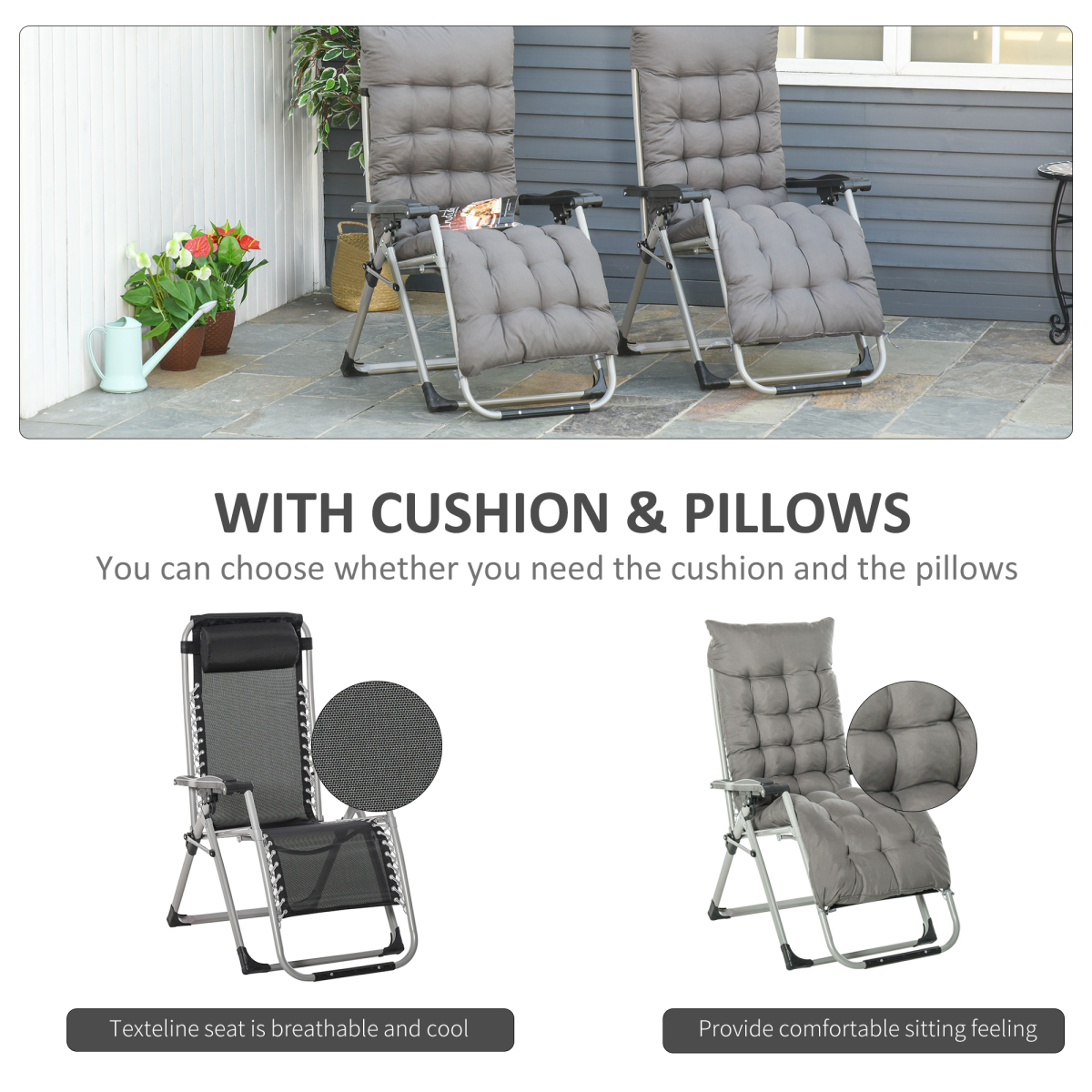 Outsunny 2-Piece Zero Gravity Reclining Chair Set with Cushions – Folding Garden Lounger, Dark Grey
