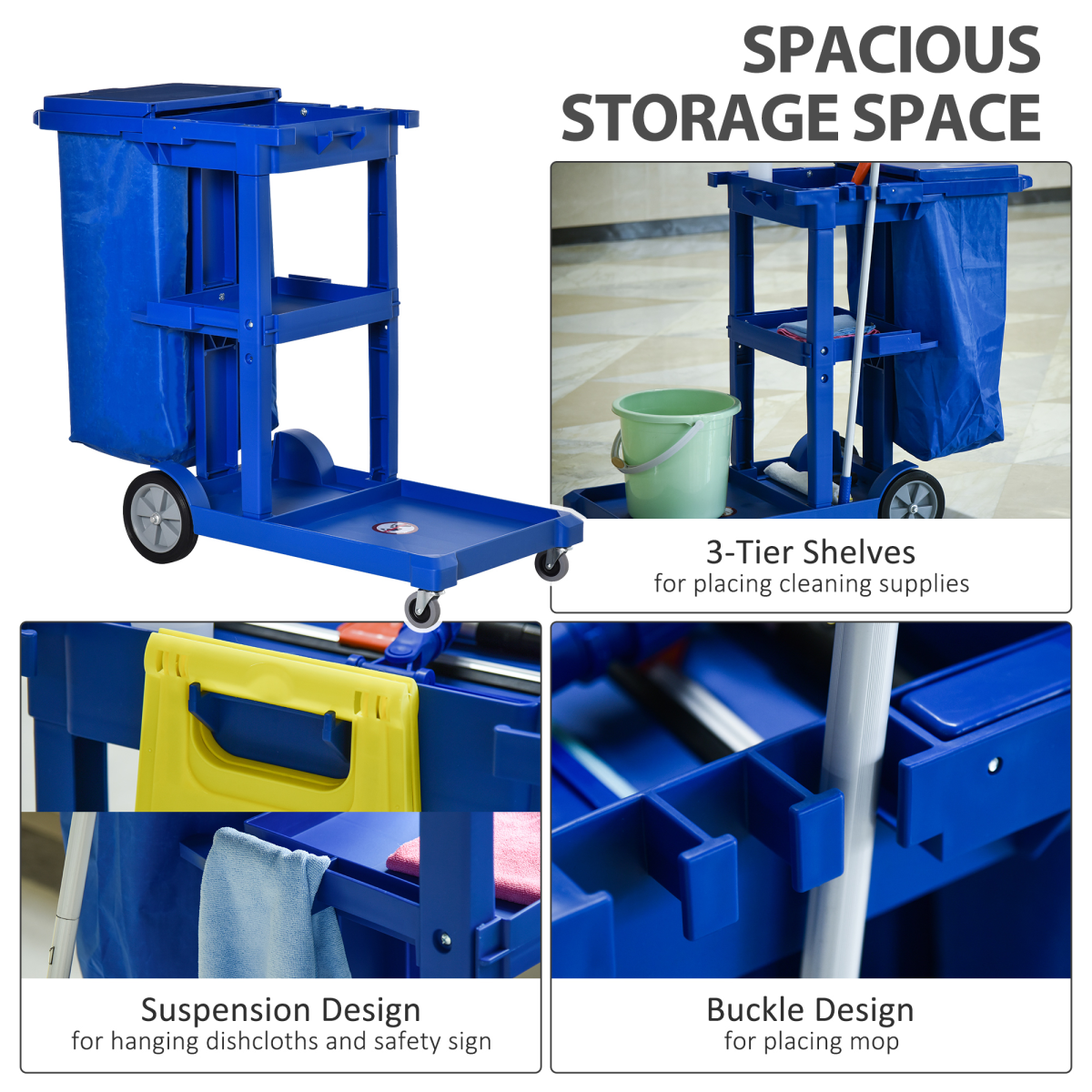 HOMCOM Housekeeping Cleaning Trolley with 3 Shelves, Lidded Bin Bag & Side Hooks – Blue
