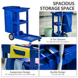 HOMCOM Housekeeping Cleaning Trolley with 3 Shelves, Lidded Bin Bag & Side Hooks – Blue