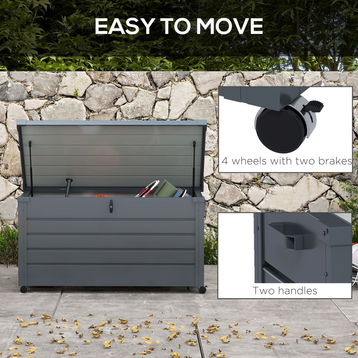 Outsunny 331L Outdoor Storage Box with Wheels, Lockable Lid & Galvanised Steel Frame – Garden Storage