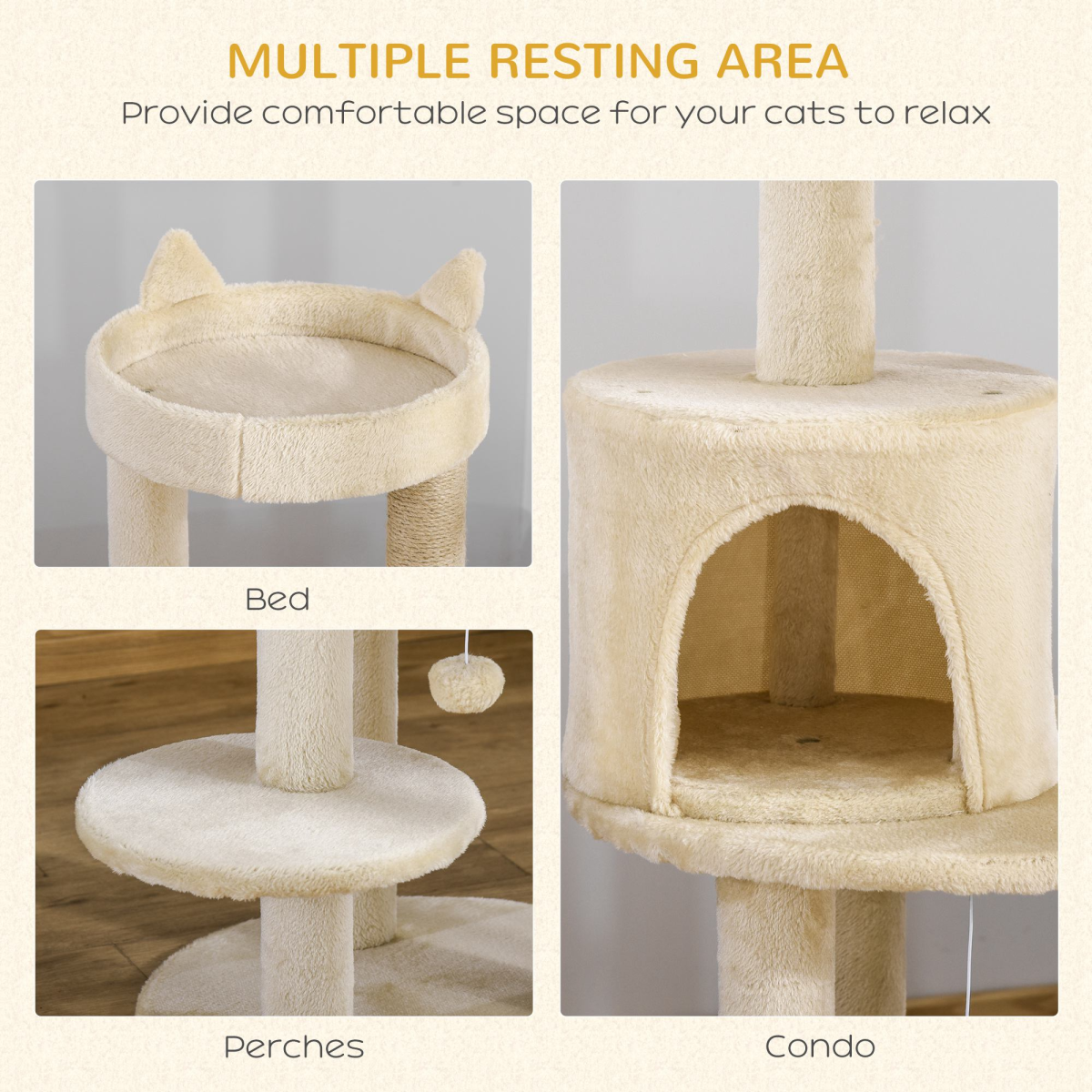 Pawhut 3-Tier Deluxe Cat Tree with Scratching Posts, Hide-Away House & Play Ball – Activity Tower, Beige