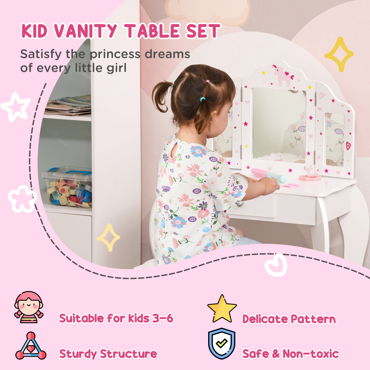 HOMCOM Kids Vanity Table and Stool Set with Rotatable Mirrors & Drawer – Girls' Dressing Table, Stars & Hearts