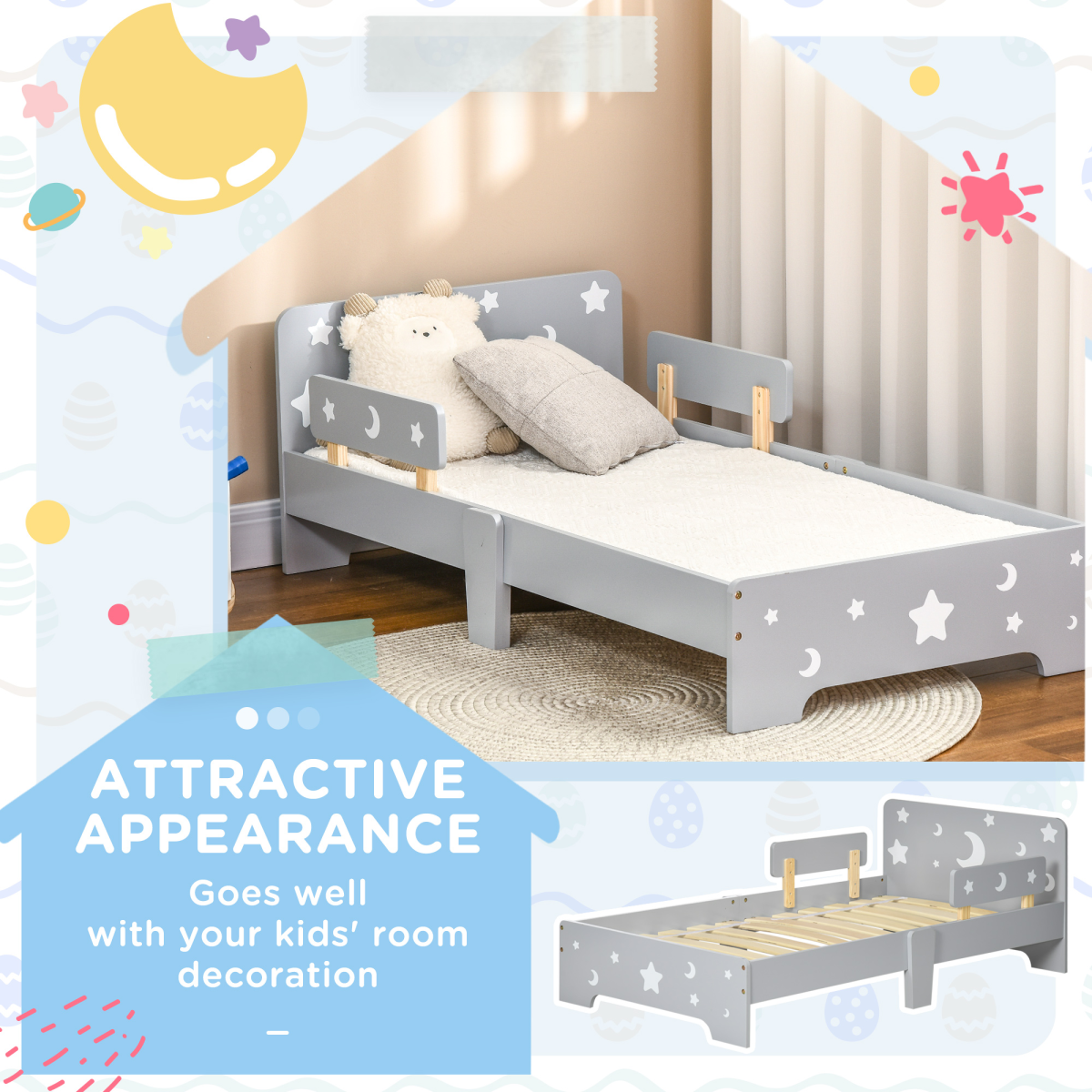 Kids Toddler Bed with Star & Moon Design and Safety Rails – Grey Children's Bed Frame, Ages 3-6