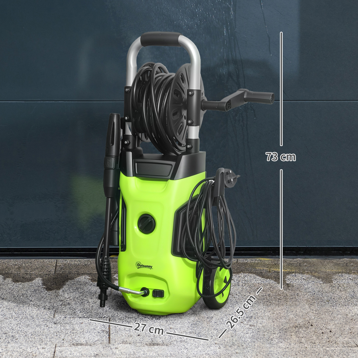 1800W High Pressure Washer with Hose Reel and Snow Foam Bottle, 150 Bar – Car and Patio Cleaner, Green