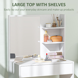 HOMCOM Modern Dressing Table with Large Mirror, Drawer & 3-Tier Open Shelves – Bedroom Vanity, White