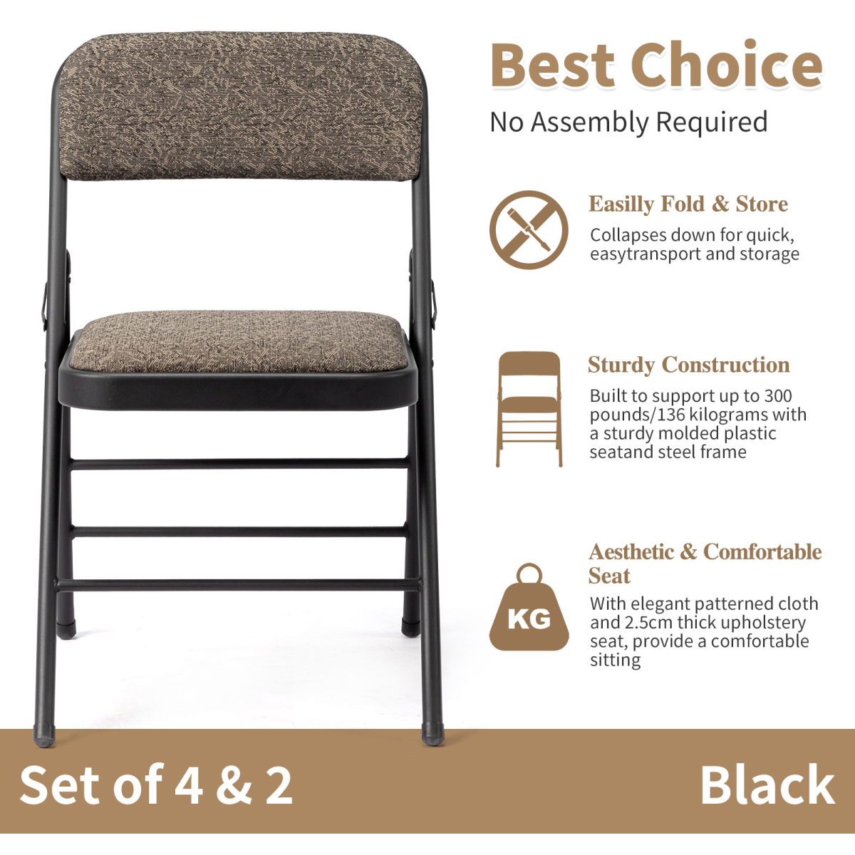 2 Black Patterned Padded Folding Chairs with Soft Seat and Frosted Iron Frame – Conference and Event Seating