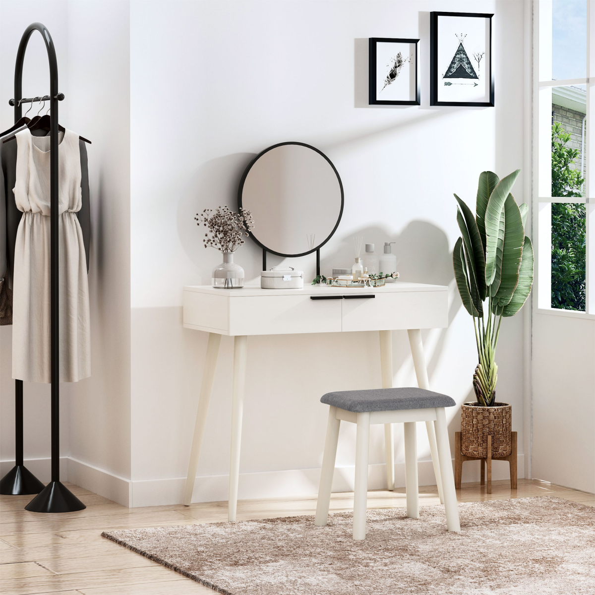 HOMCOM Dressing Table Set with Round Mirror, 2 Drawers and Cushioned Stool – Makeup Vanity Desk, White