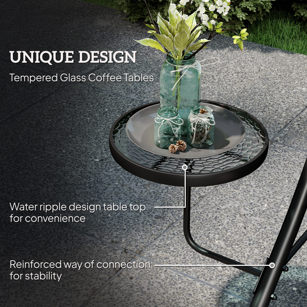 Outsunny 3-Seater Garden Swing Chair with Adjustable Canopy & Glass Coffee Tables – Steel Frame, Dark Grey