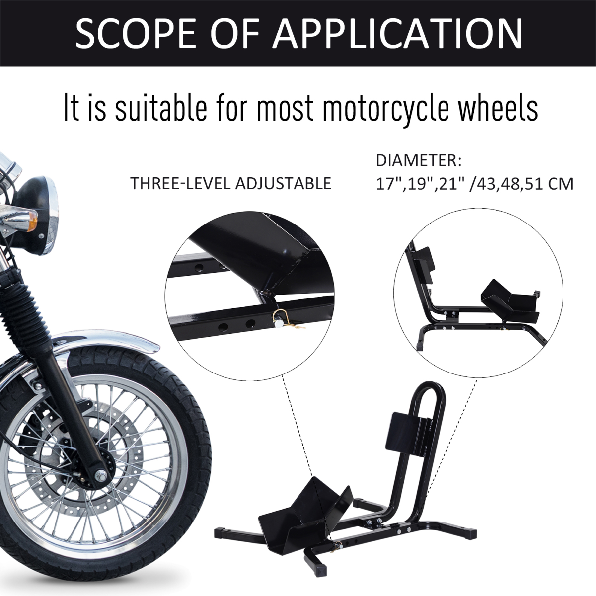 HOMCOM Motorcycle Wheel Chock with 3 Adjustable Levels – Metal Motorbike Stand for 17, 19 & 21 Inch Tyres, 250kg
