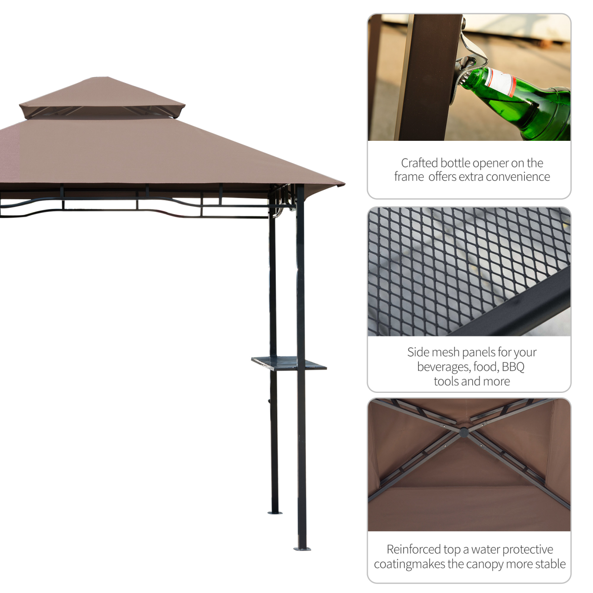 BBQ Grill Gazebo with Double Layered Canopy, Storage Shelves & Bottle Opener – Garden Party Shelter, Coffee