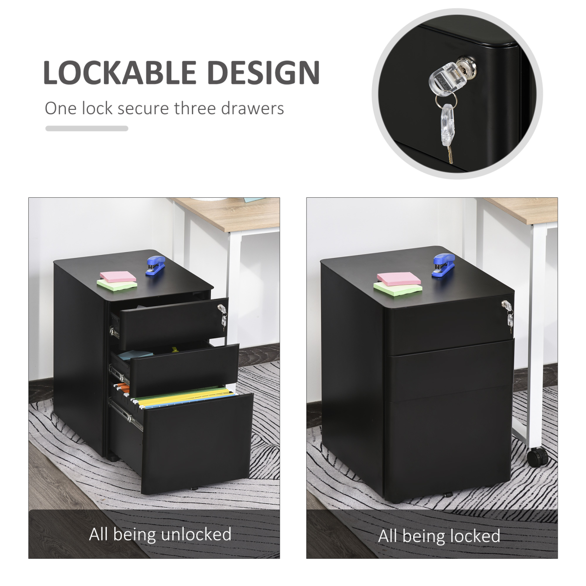 Vinsetto 3-Drawer Lockable Mobile Filing Cabinet with Steel Body & Wheels – Under-Desk Office Storage, Black