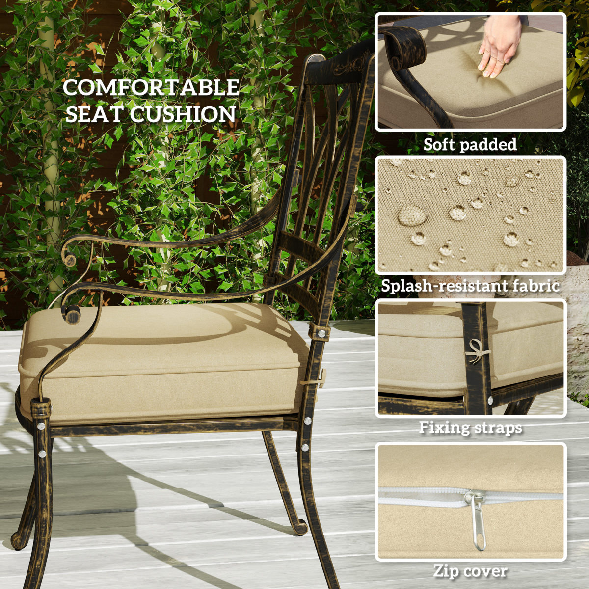 Outsunny 9-Piece Cast Aluminium Garden Dining Set with 8 Armchairs, Cushions & Parasol Hole – Bronze and Khaki