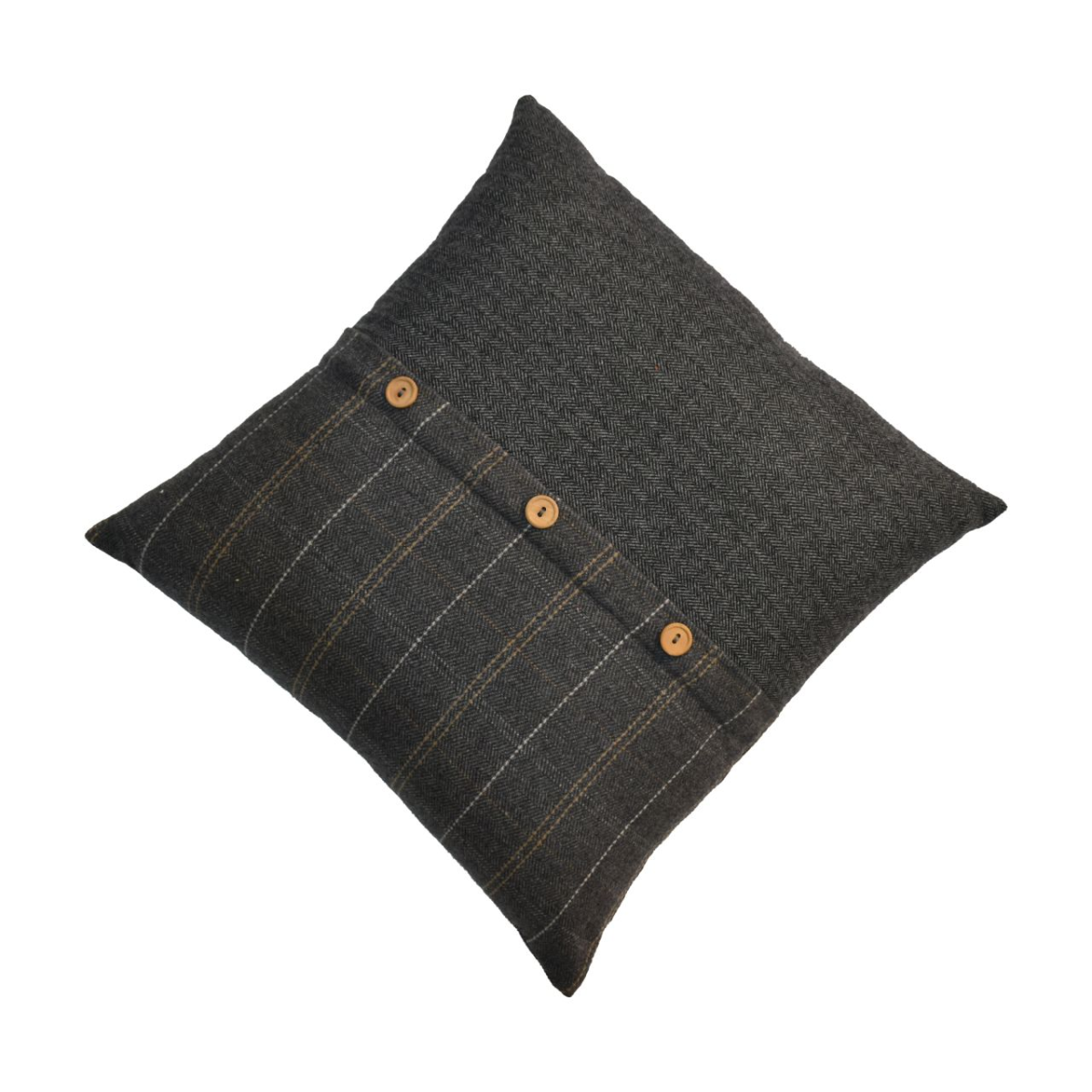 Artisan Furniture Quinn Pewter Tweed & Black Button Cushions, Set of 2 – Wool-Texture Scatter Cushions