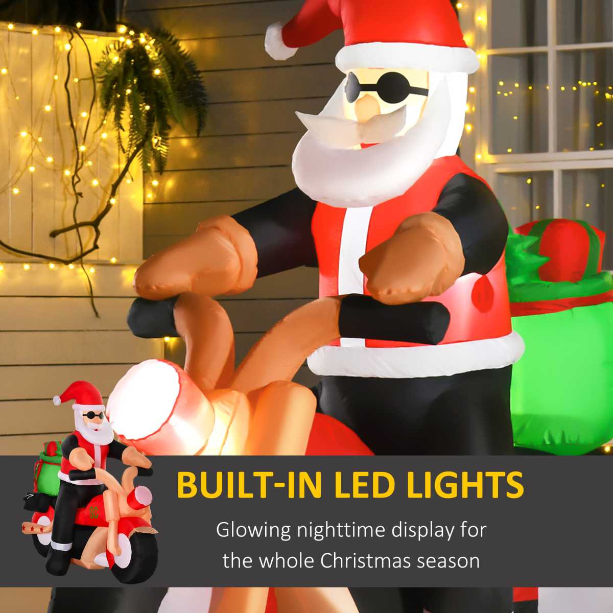 HOMCOM 5.5ft Light-Up Inflatable Santa Claus Riding a Motorbike with Gifts – IP44 Christmas Lawn Decoration