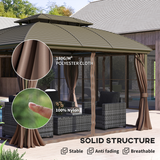 Outsunny 3.65x3m Aluminium Hardtop Gazebo with Double Roof, Mesh Sidewalls & Curtains – Coffee