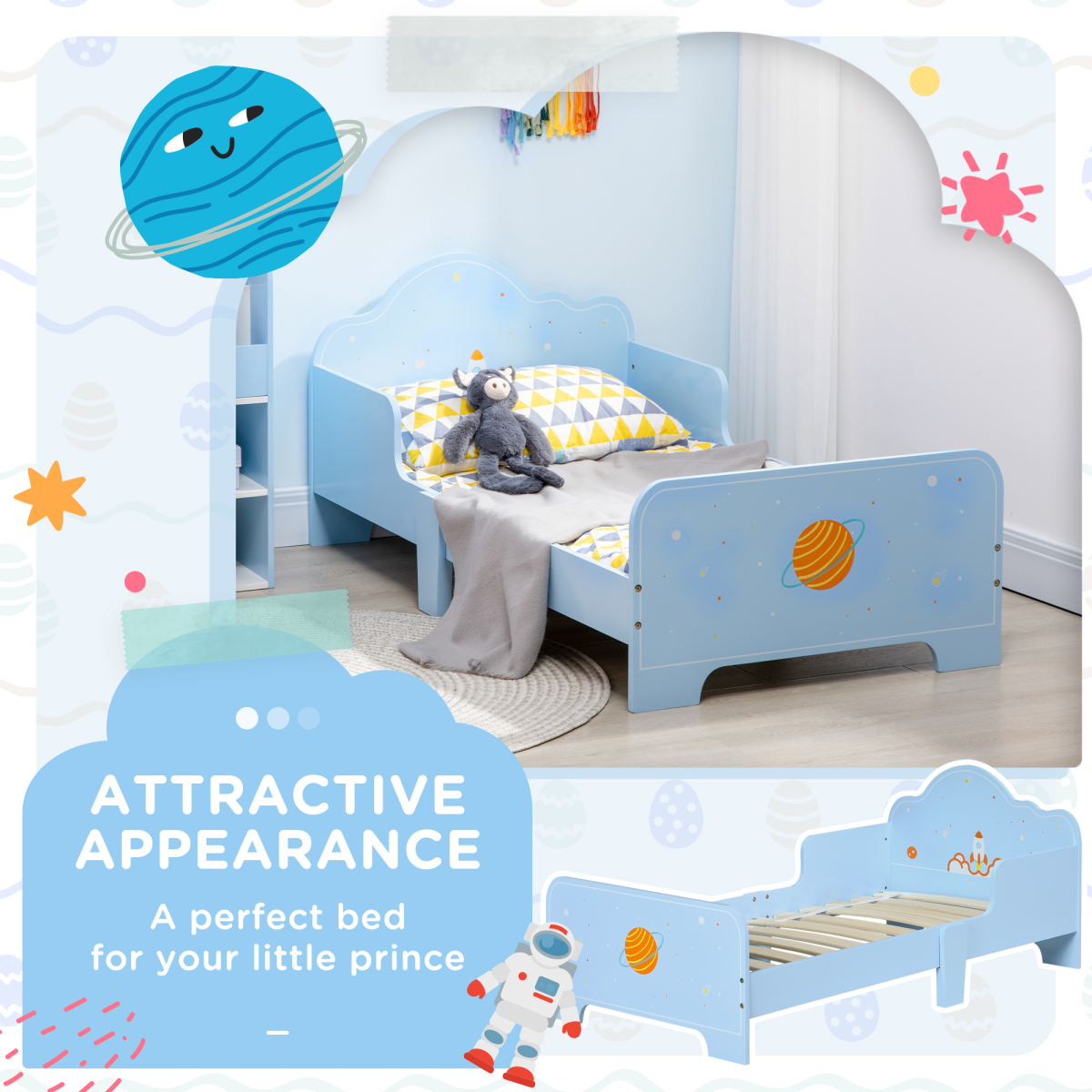 ZONEKIZ Toddler Bed with Space-Themed Rocket and Planet Patterns and Side Rails – Ages 3-6