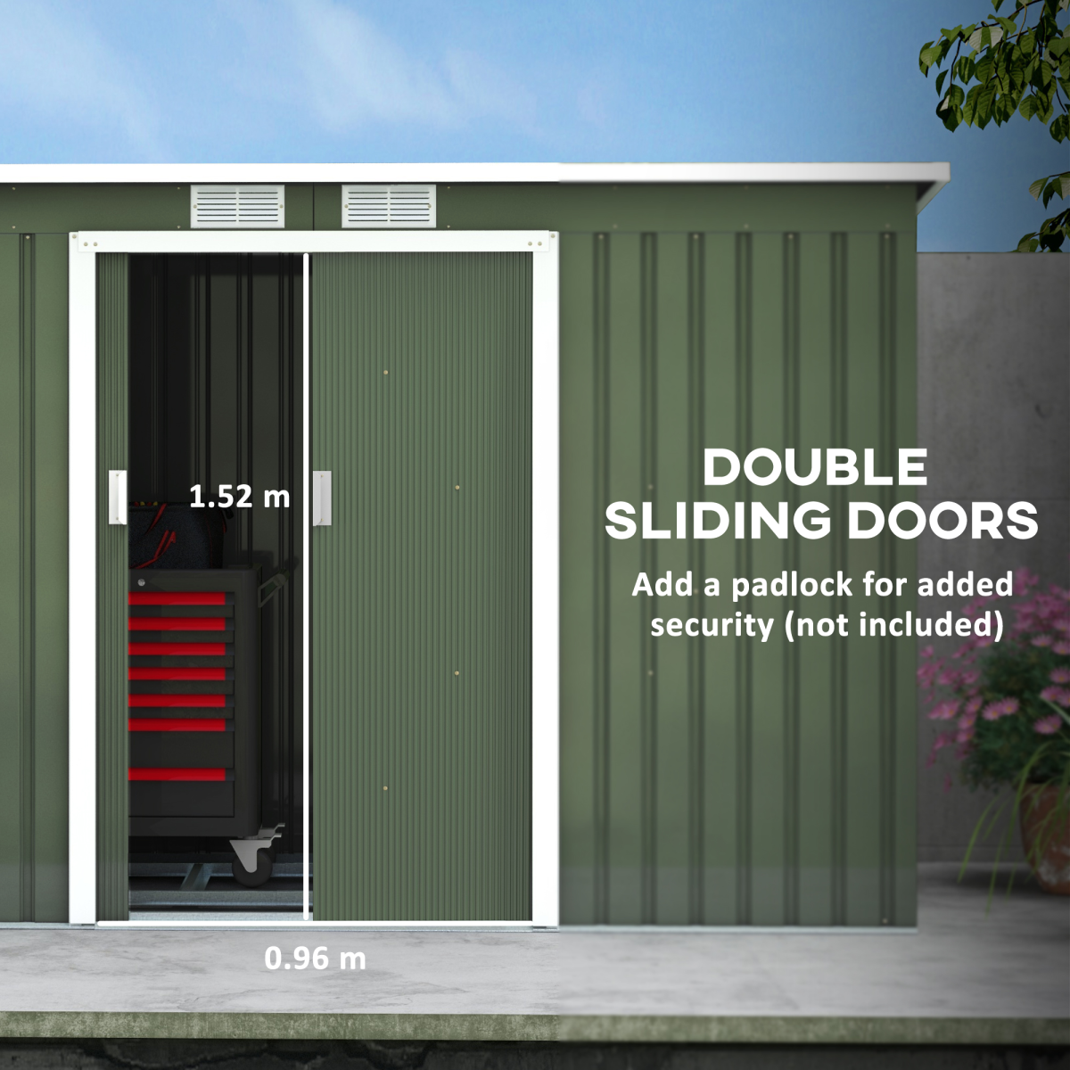 Metal Garden Shed with Sliding Lockable Double Doors, 2 Vents & Foundation Kit – 280 x 130cm, Light Green