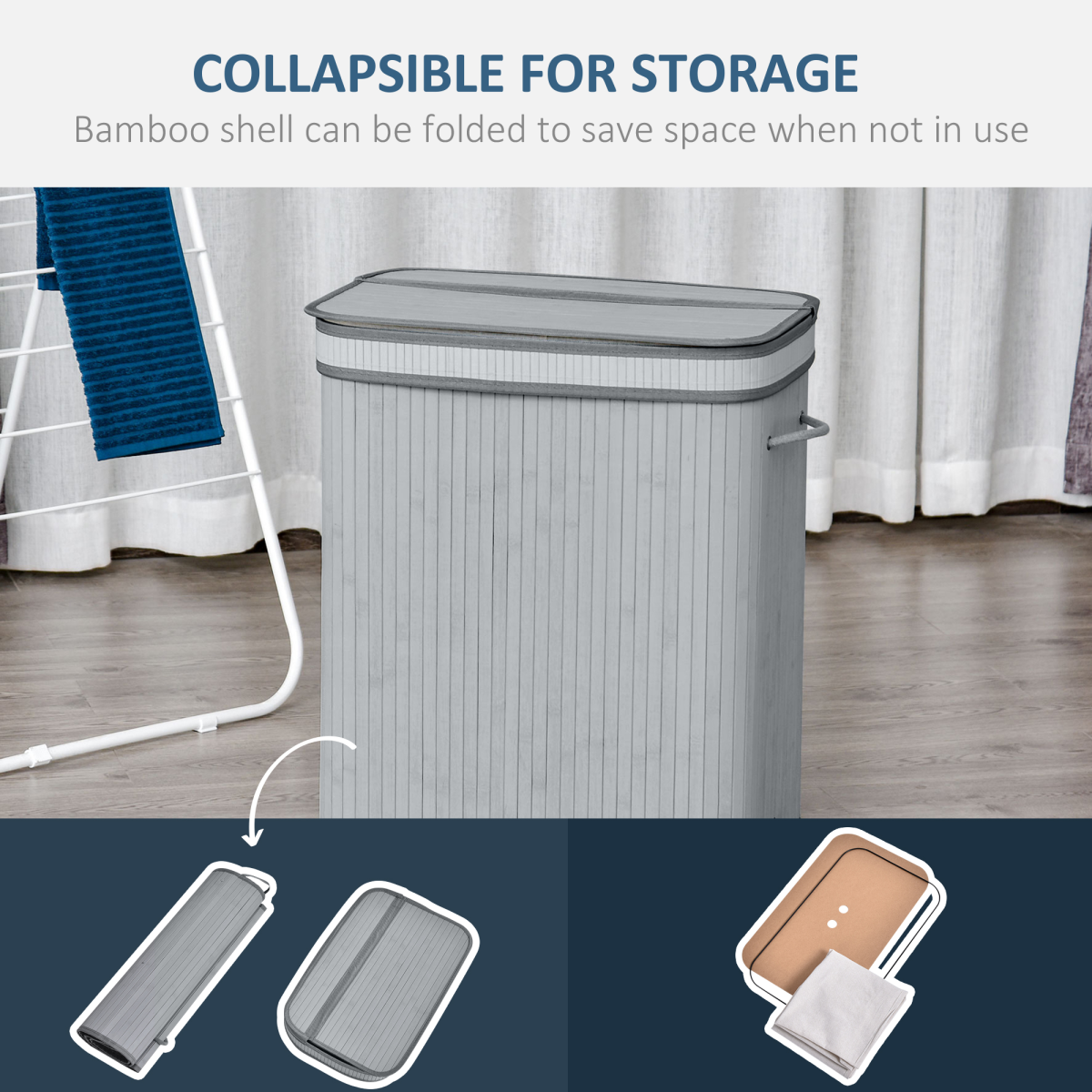 HOMCOM 100L Bamboo Laundry Basket with Flip Lid and Removable Lining – Water-Resistant Hamper, Grey