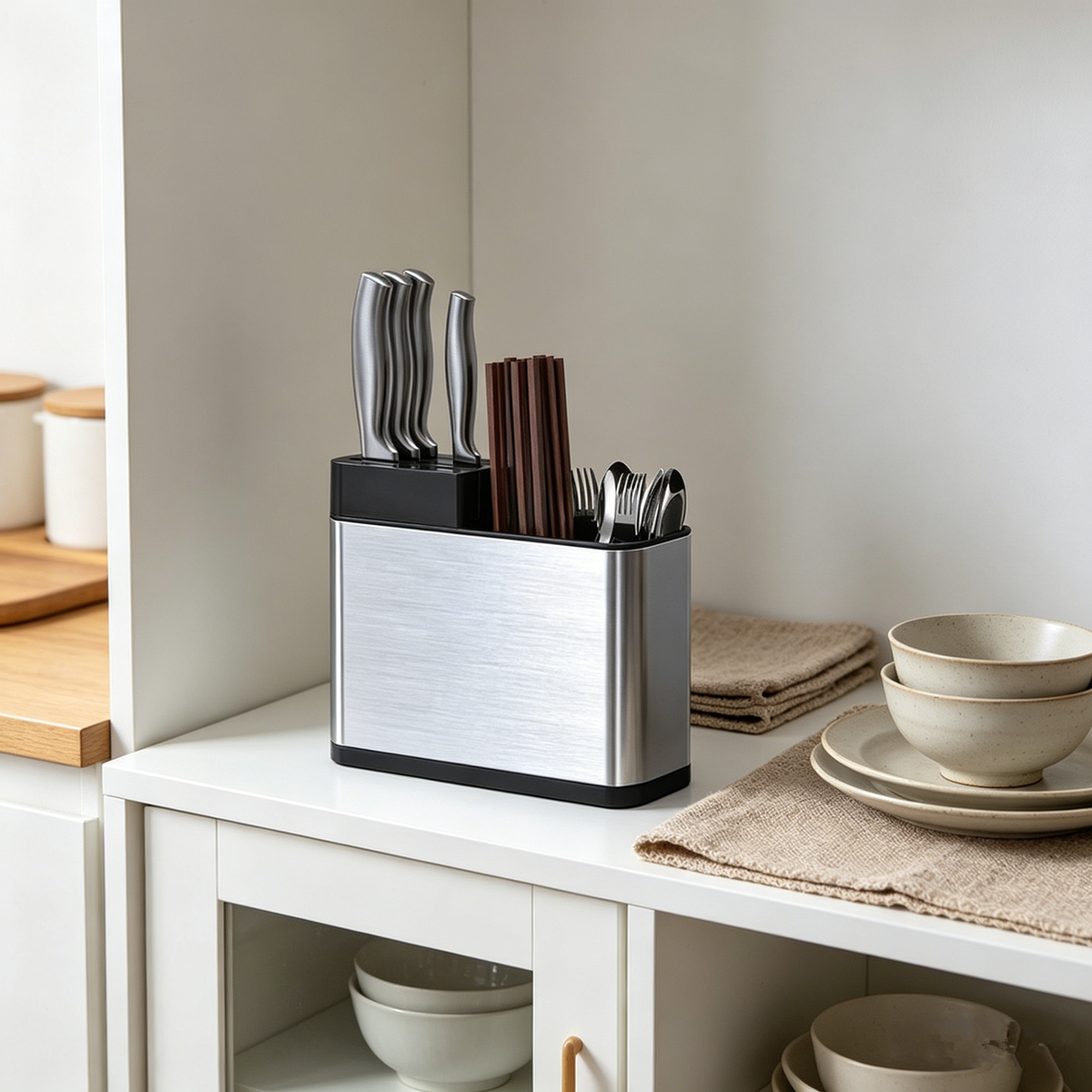 Stainless Steel Cutlery Holder with 3 Compartments – Free-Standing Knife Block and Utensil Organiser, Silver