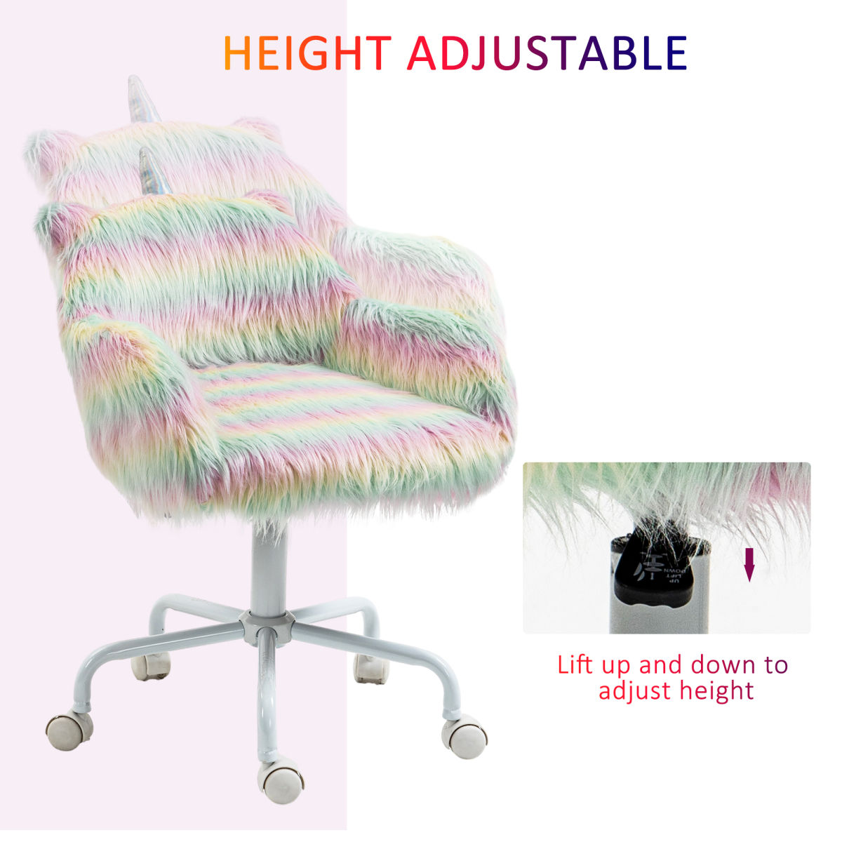 Vinsetto Fluffy Faux Fur Unicorn Desk Chair with Armrests – Padded Swivel Chair for Bedrooms & Playrooms