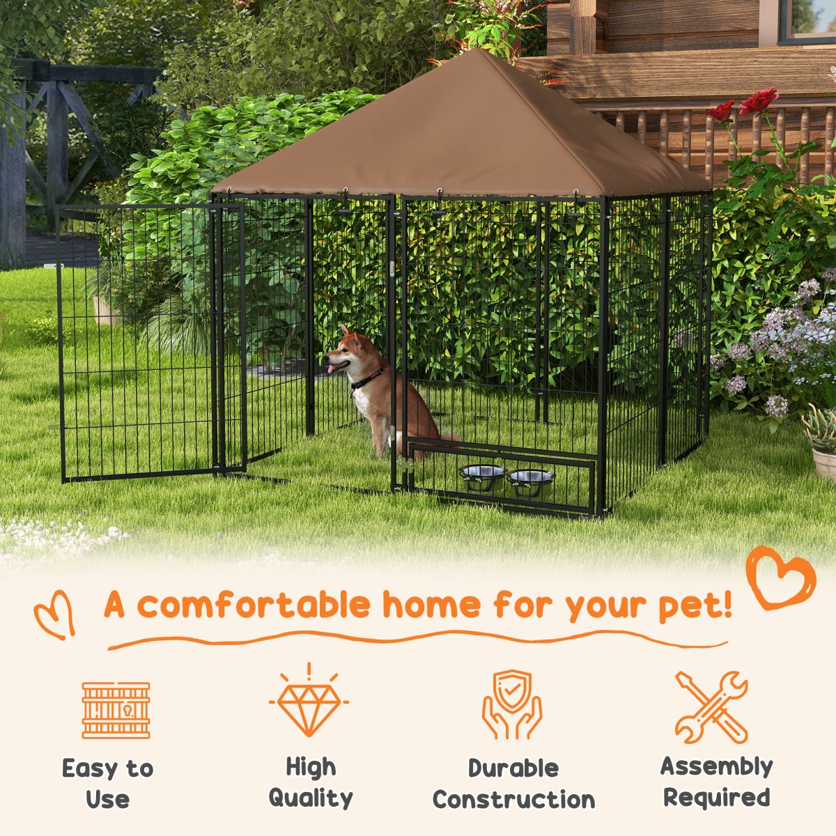 PawHut Outdoor Dog House Kennel with Canopy Top & Secure Lock, Rotating Bowl Holder – Black and Brown