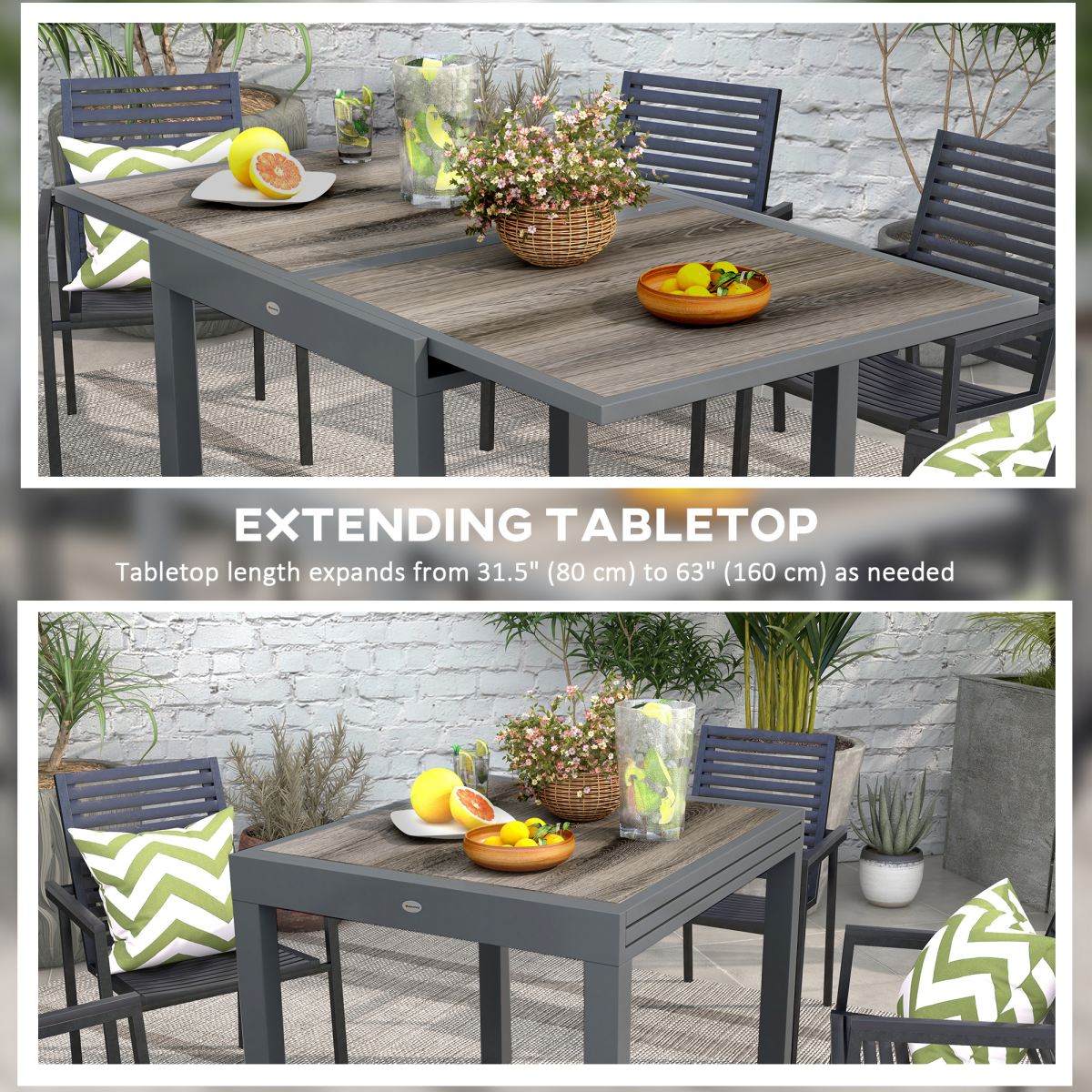 Outsunny Extendable Outdoor Dining Table with Aluminium Frame – 6-Seater Patio Table, Wood-Effect Top