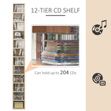 HOMCOM 12-Tier Multimedia Storage Shelf for 204 CDs, Blu-rays and Video Games – Wide Base, Pine Wood Colour