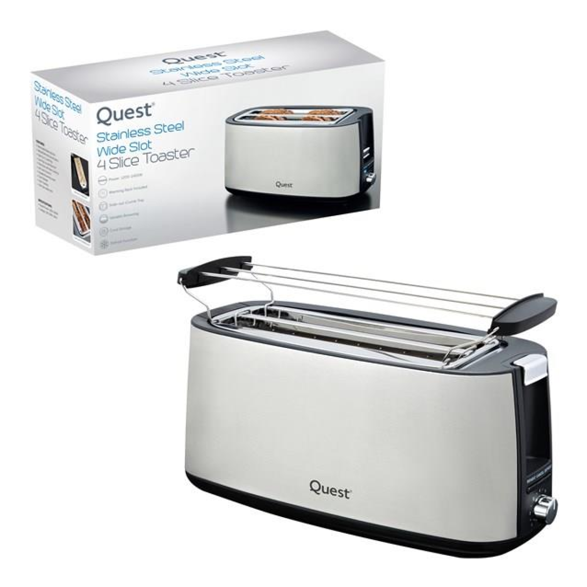 Quest 4 Slice Stainless Steel Toaster with Warming Rack – Extra Wide Slots, 7 Browning Levels