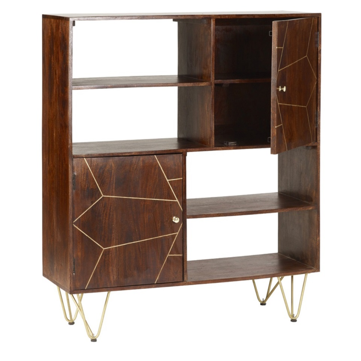 Indian Hub Solid Wood Display Cabinet with Dark Gold Metal Inlay – Contemporary Storage