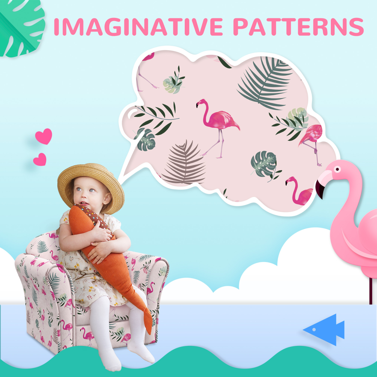 AIYAPLAY Kids Sofa Chair with Flamingo Design – Soft Toddler Armchair for Bedroom or Playroom, Pink