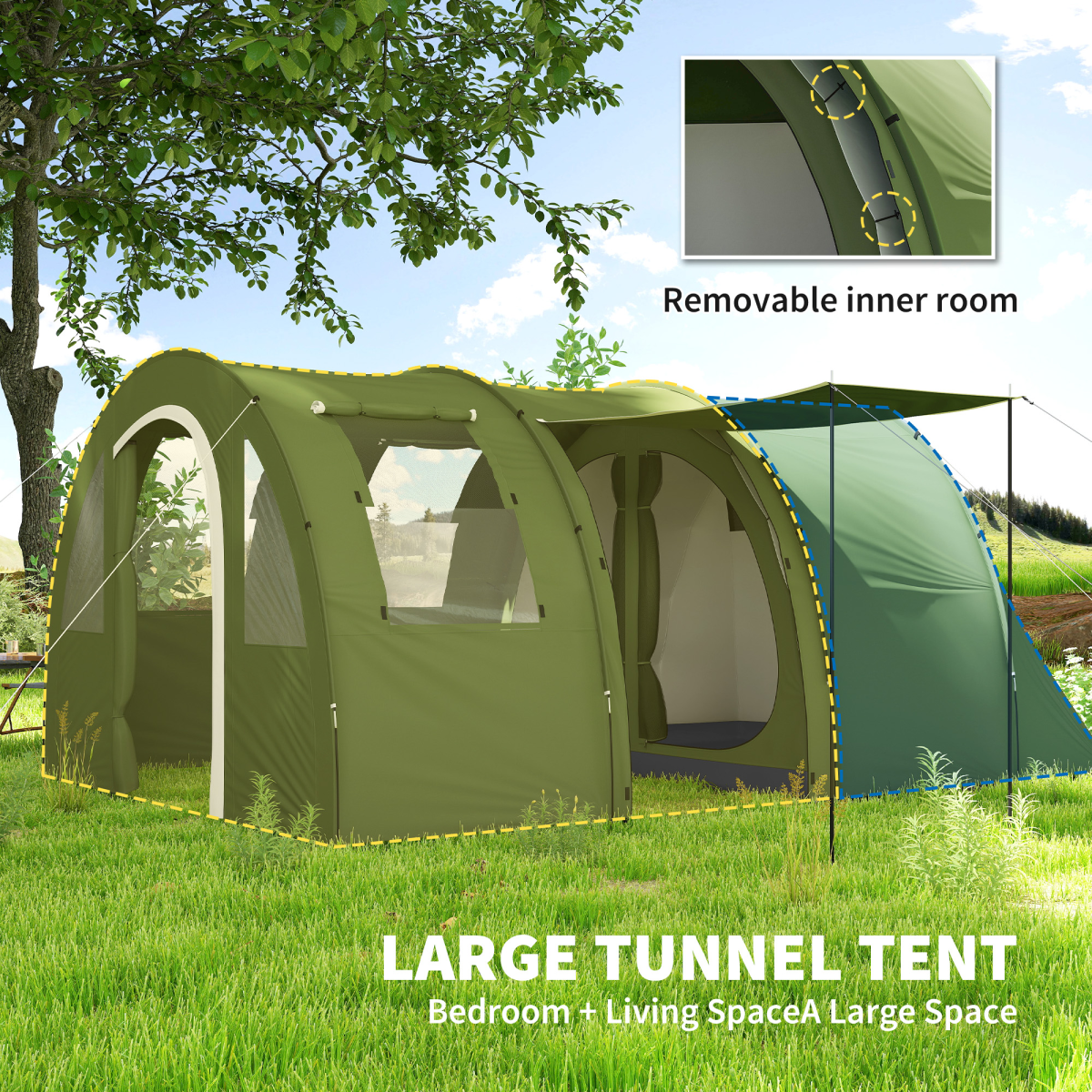 5-6 Person Two Room Camping Tent with 2000mm Waterproof Rating & Carry Bag – Family Tent, Green