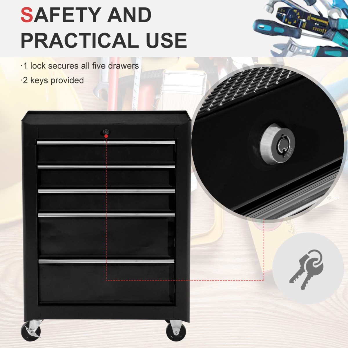 5-Drawer Lockable Steel Tool Storage Cabinet with Wheels – Garage & Workshop Organiser, Black