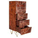 Indian Hub Dark Gold Tall Chest of Drawers, Solid Wood with Metal Inlay