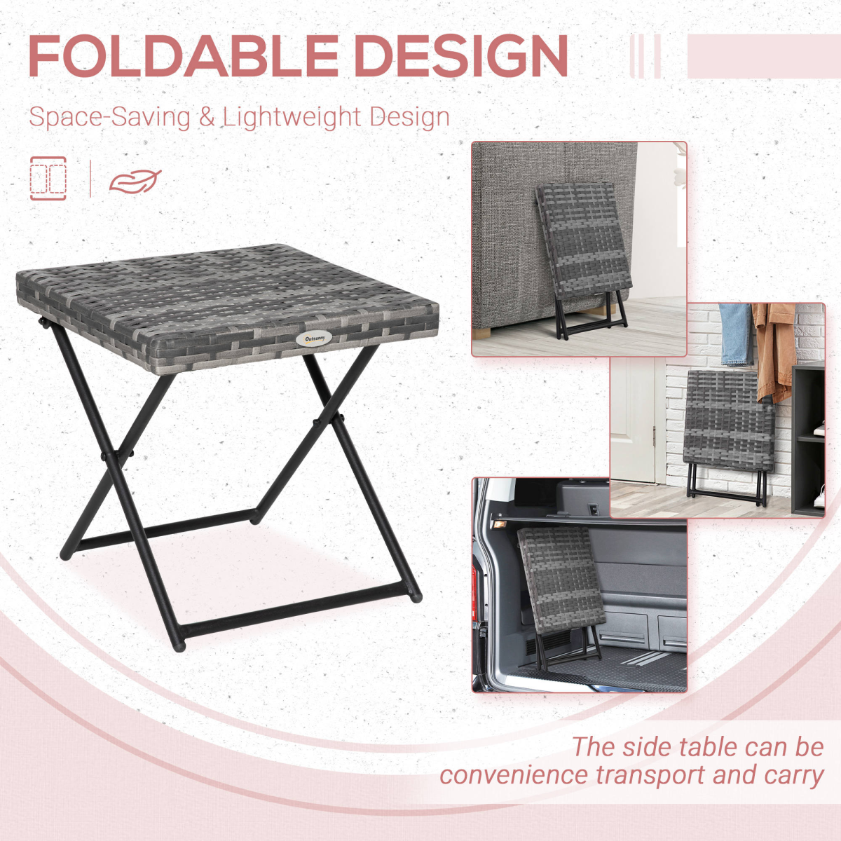 Outsunny Folding Square Rattan Coffee Table with Steel Frame – Compact Bistro Table for Balcony and Garden