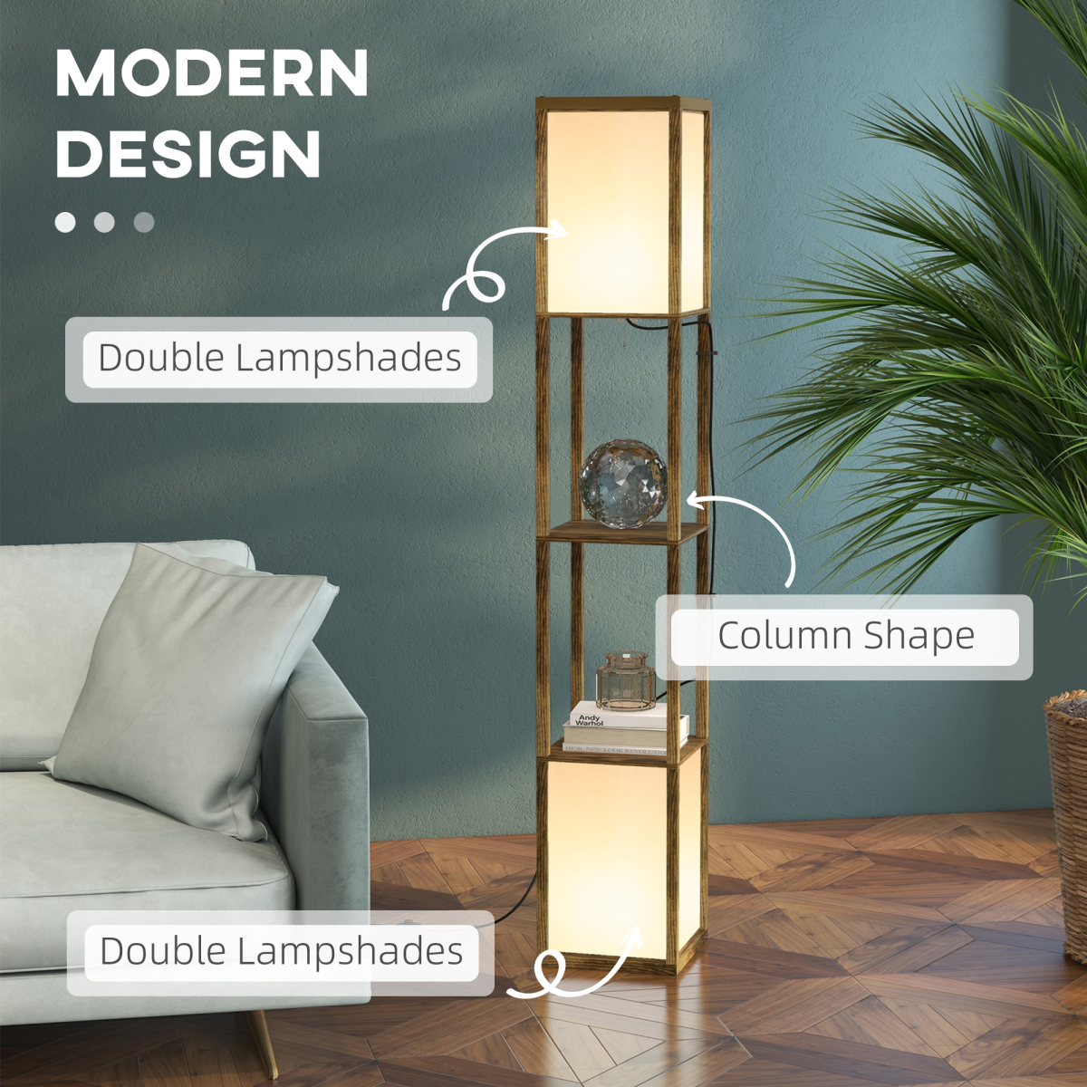 HOMCOM Dual Light Shelf Floor Lamp with Fabric Lampshades & Display Shelves – Living Room Lighting, Brown