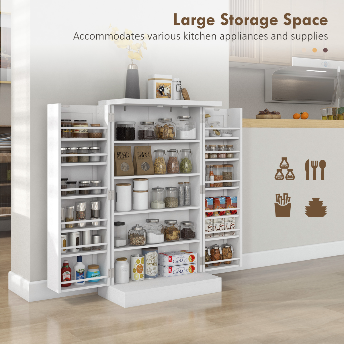 Kitchen Pantry Storage Cabinet with 5-Tier Shelves, 12 Door Spice Racks & Adjustable Shelves – White