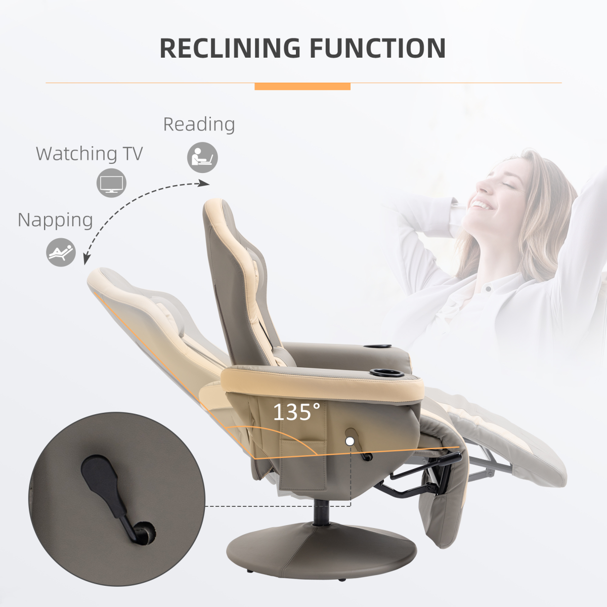 HOMCOM Manual Recliner Armchair with Adjustable Leg Rest – 135° Reclining PU Leather Sofa Chair