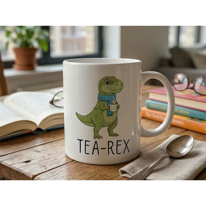 Tea Rex Dinosaur Quote Ceramic Coffee Mug, 320ml – Funny Cute Gift for Dinosaur Lovers, White