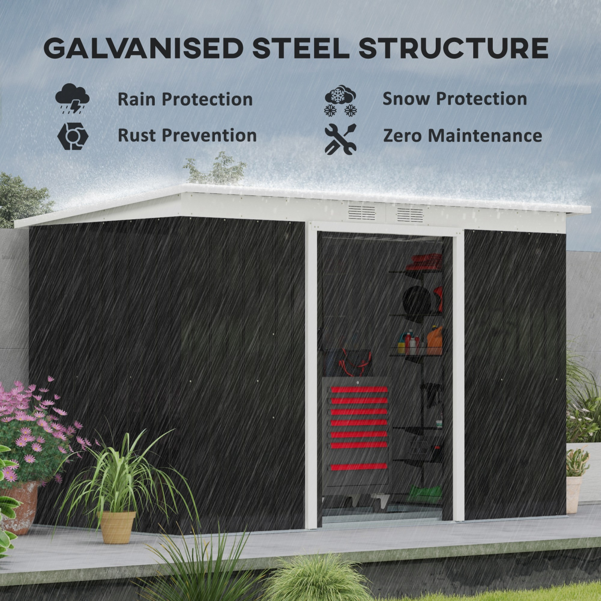 Outsunny 9 x 4ft Galvanised Steel Garden Storage Shed with 2 Sliding Doors & Ventilation Slots – Outdoor Tool Storage, Grey