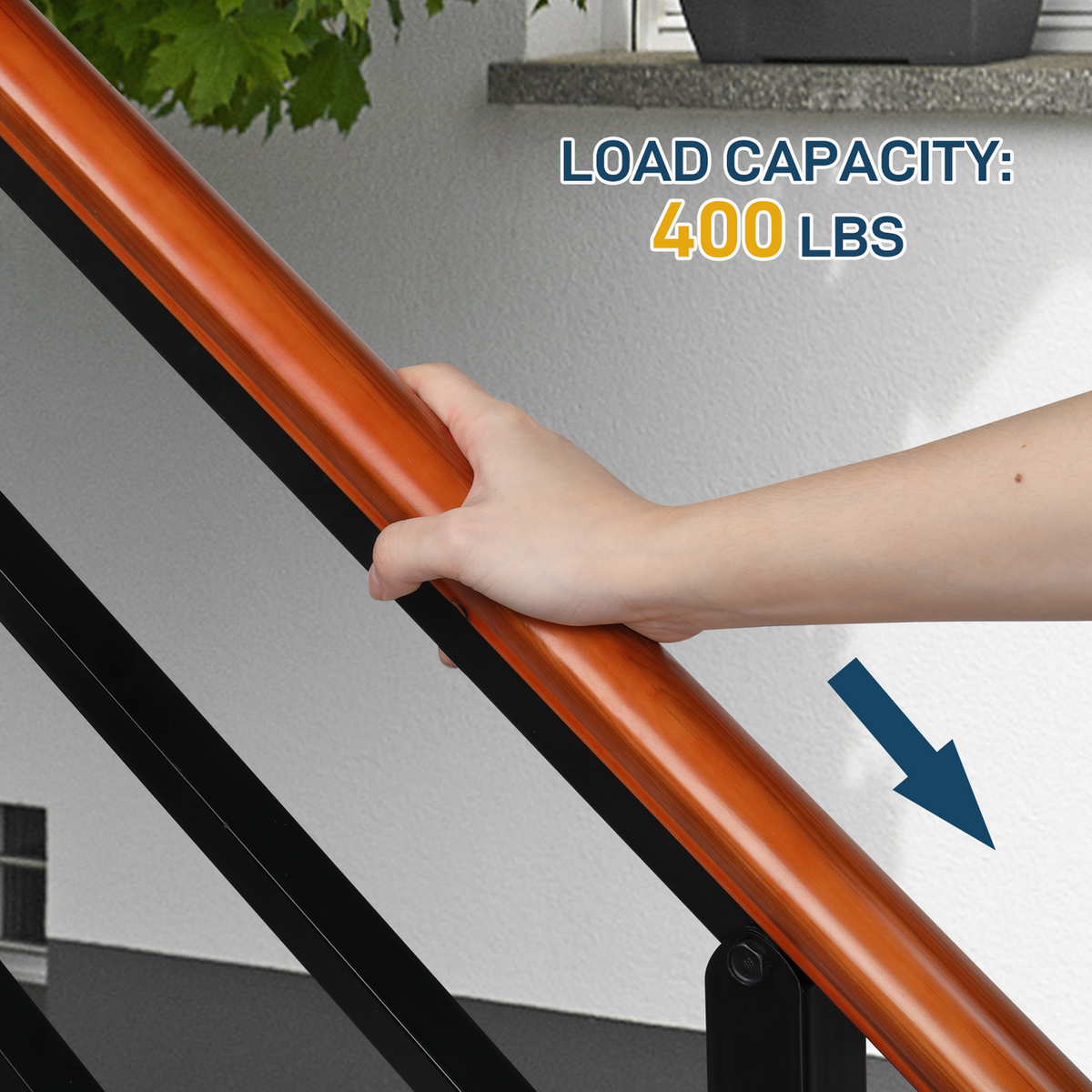 Wrought Iron and Solid Wood Handrail for Outdoor Steps – Fits 1 to 3 Steps, Concrete, Porch & Wood, Matte Black