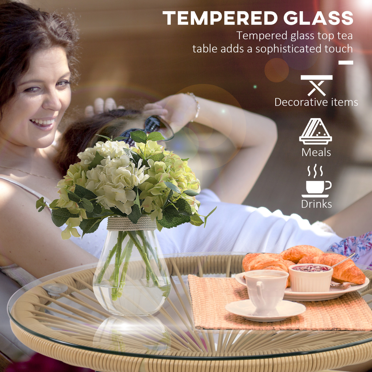 Outsunny Round PE Rattan Side Table with 5mm Tempered Glass Top & Powder-Coated Metal Frame